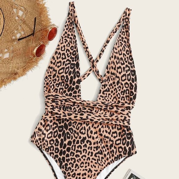 Leopard Print Criss Cross One Piece Swimsuit - Picture 2 of 4